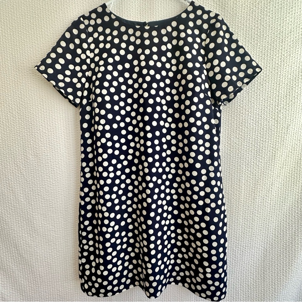 J.Crew Navy White Polka Dot Shift Dress Short Sleeve Lined Size 10 Classic